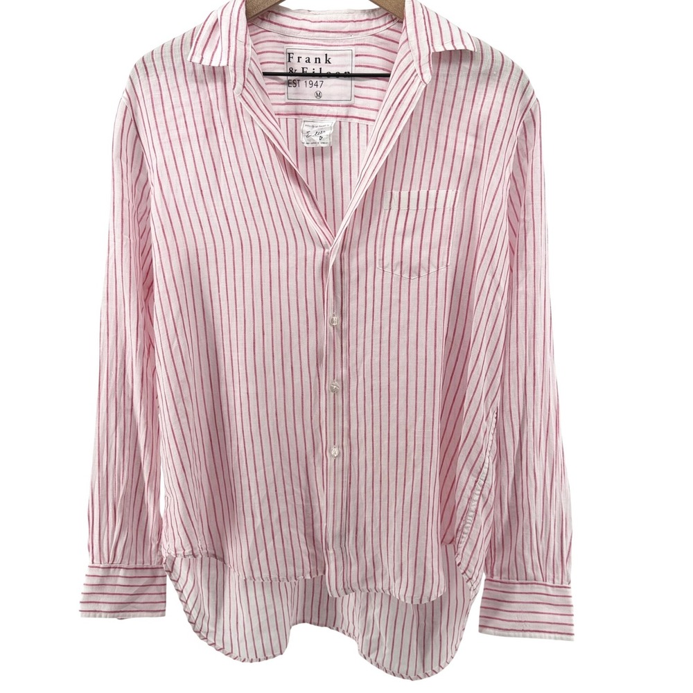 Frank & Eileen Eileen Shirt Women Medium Pink White Stripe Linen Coastal Relaxed
